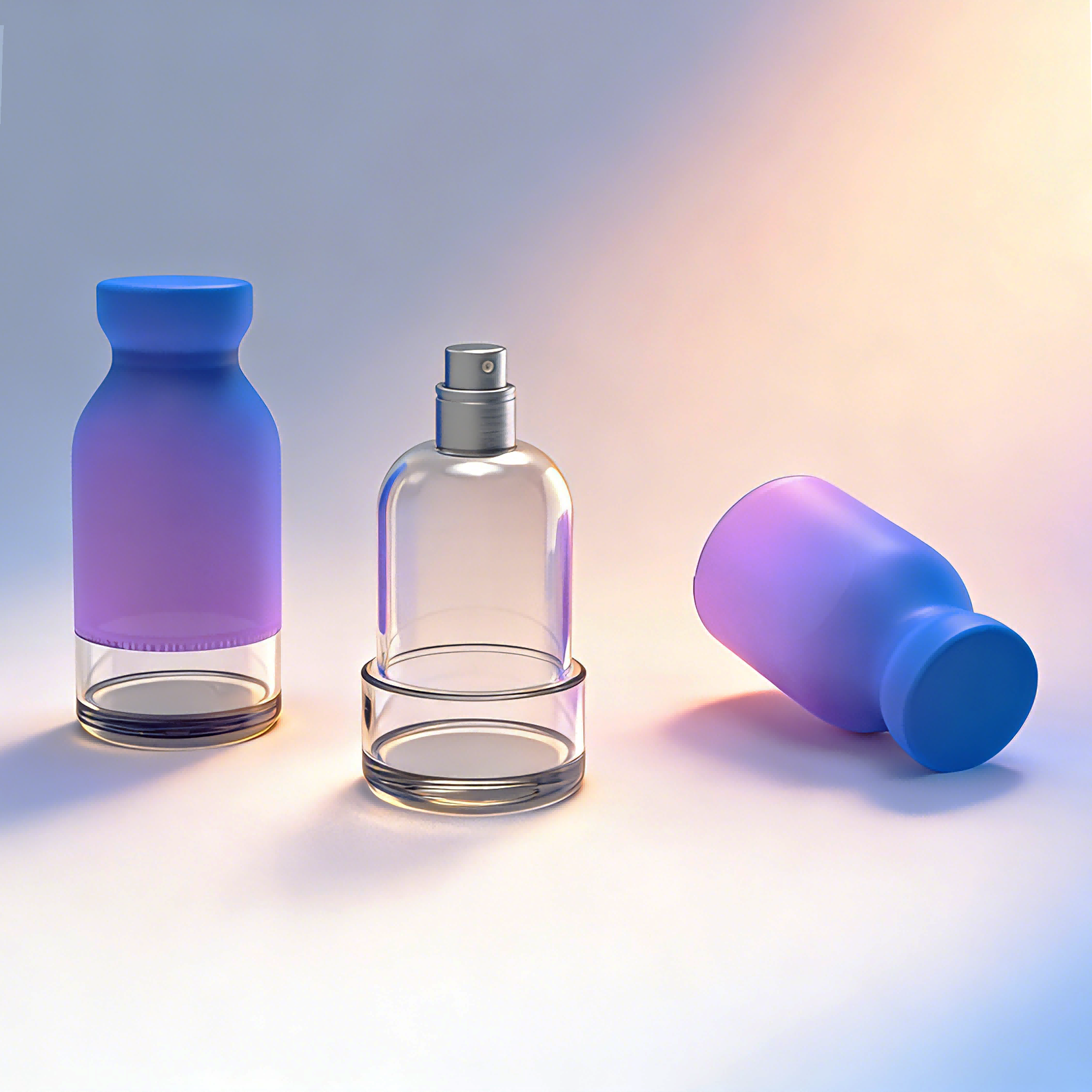 Disassembled display of split bottom clear spray bottle, interchangeable hourglass outer sleeve and metal mist pump portable skincare sprayer